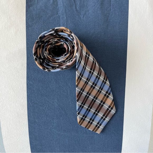 Joseph & Feiss International 100% Silk Earth Tone Brown Blue Plaid Men Neck Tie - Picture 10 of 11